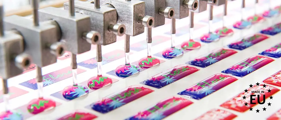 Doming Stickers  Give your product shine, protection and a 3D look with a luxury domed sticker. The doming stickers are available in every shape and size. In addition, doming is scratch-proof and weather-resistant